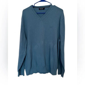 Nautica Dusty Blue Men’s V Neck Sweater Size L 100% Cotton Business Casual